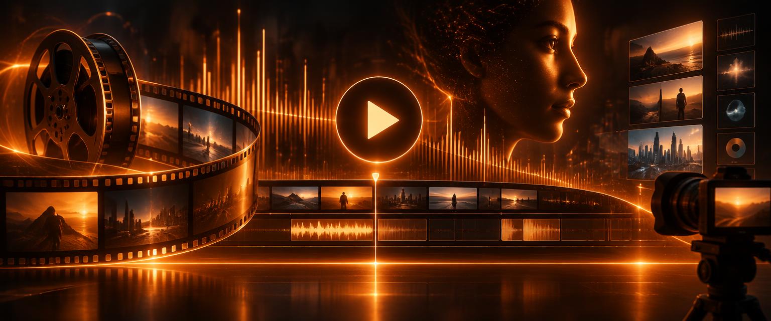 AI media creation studio with film reel, audio waveform and editing timeline